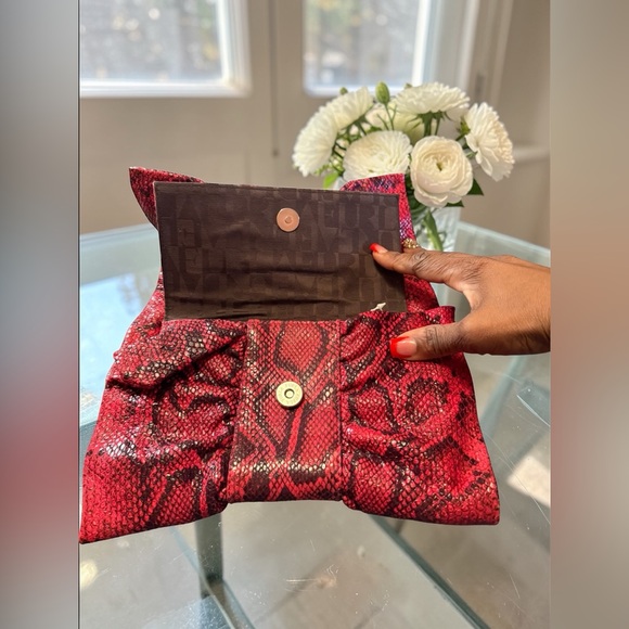 Furla EUC Red and Black Snake-Print Bow Clutch - Picture 6 of 11